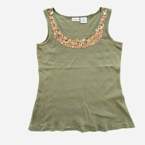 VTG y2k olive green sequin ribbed cotton tank top / XL / 2000s, bratz, boho chic